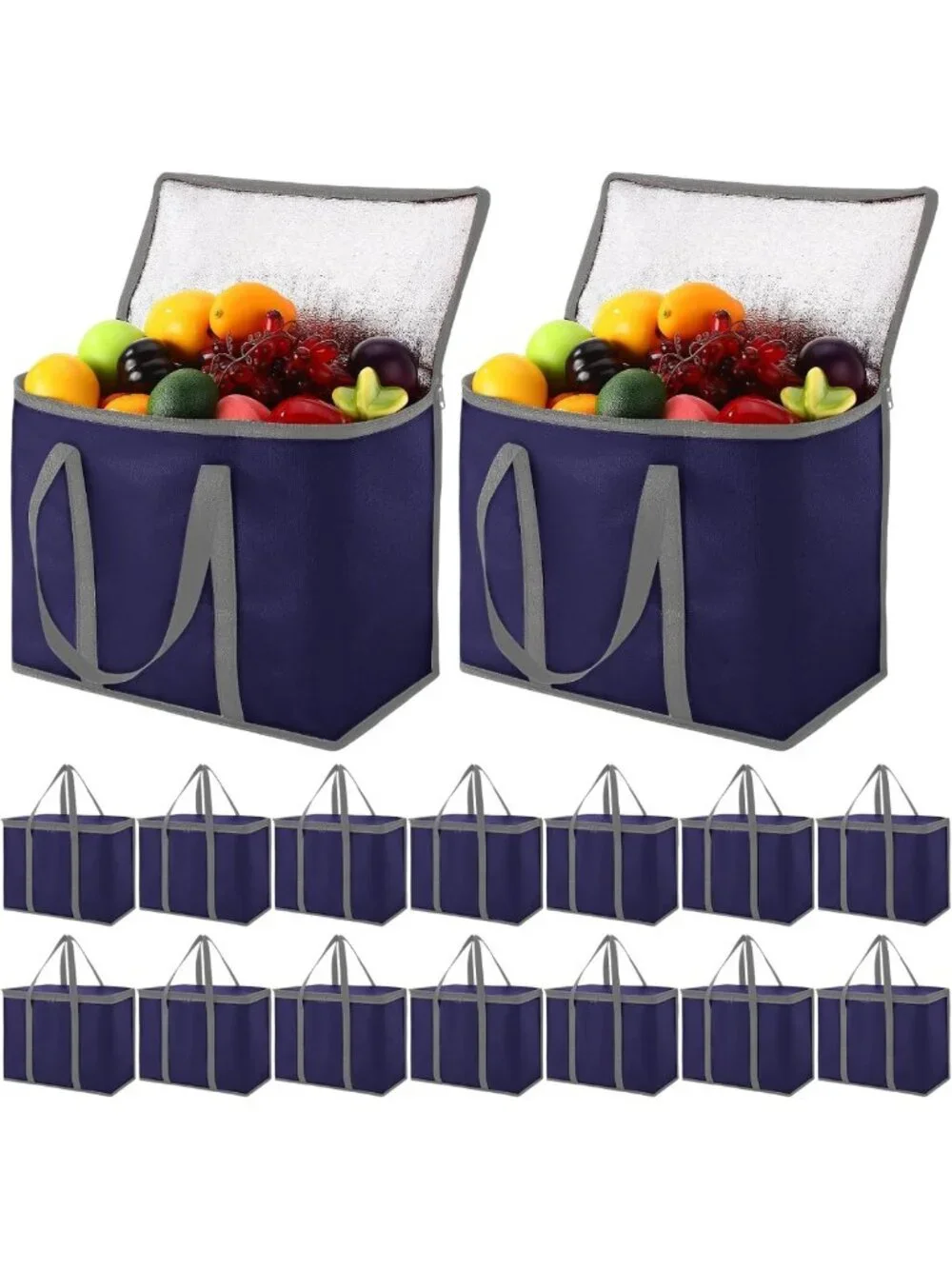 15 Pcs Large Insulated Grocery Bags - Heavy Duty, Zippered, Foldable Totes for